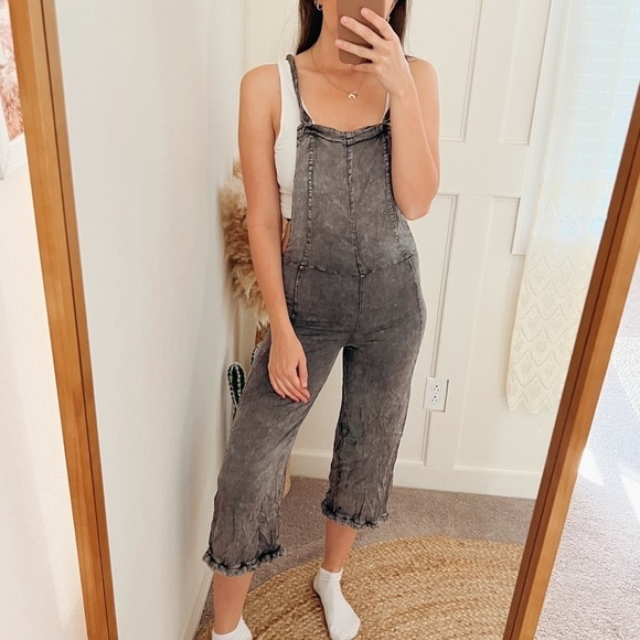 Chaser Soft Overalls Fringe Hem in Black Cloud - Picture 1 of 9
